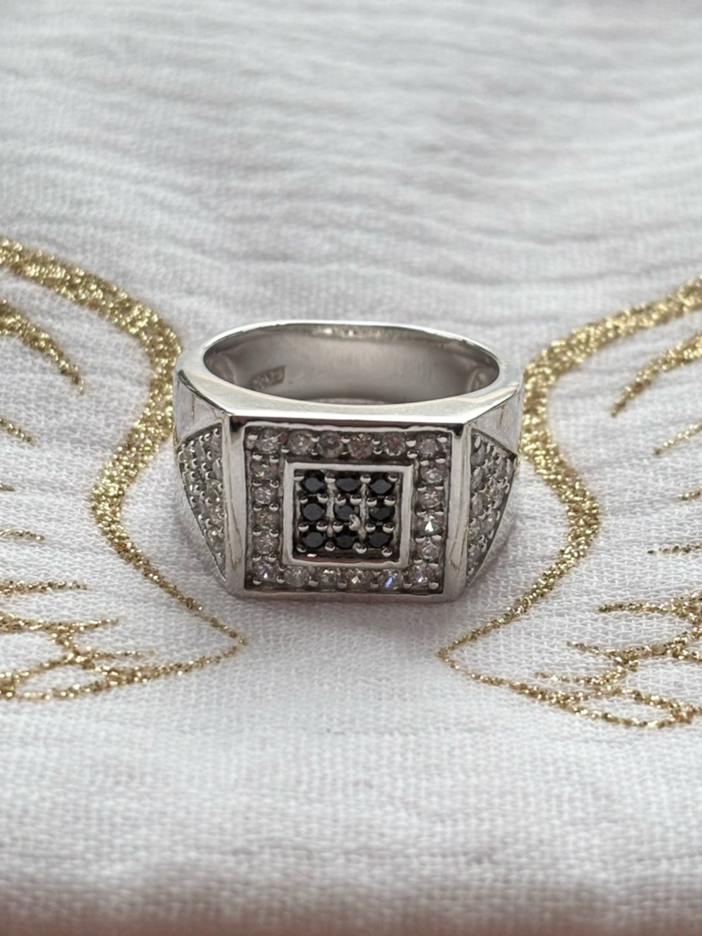 Sterling Silver Men's Square Black & White Cubic Zirconia Ring Size 11